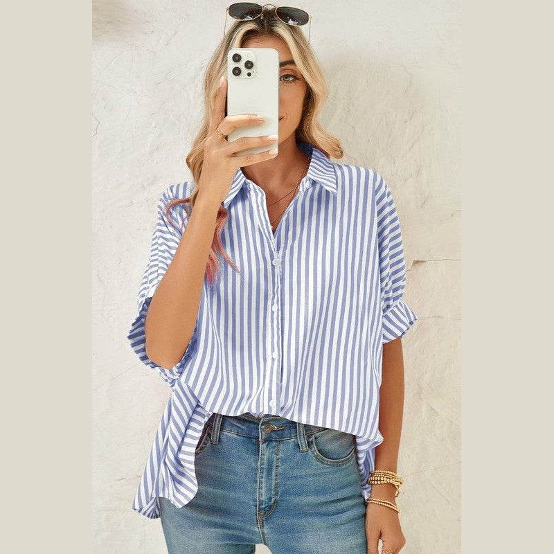 Stripe Button Up Dolman Shirt - VacationGrabs