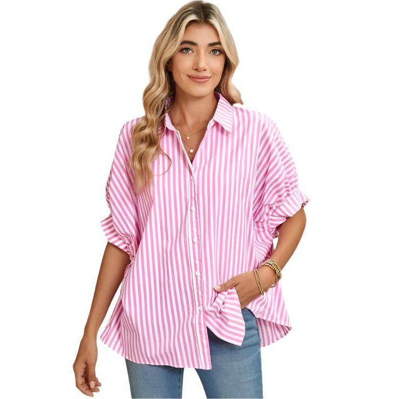 Stripe Button Up Dolman Shirt - VacationGrabs