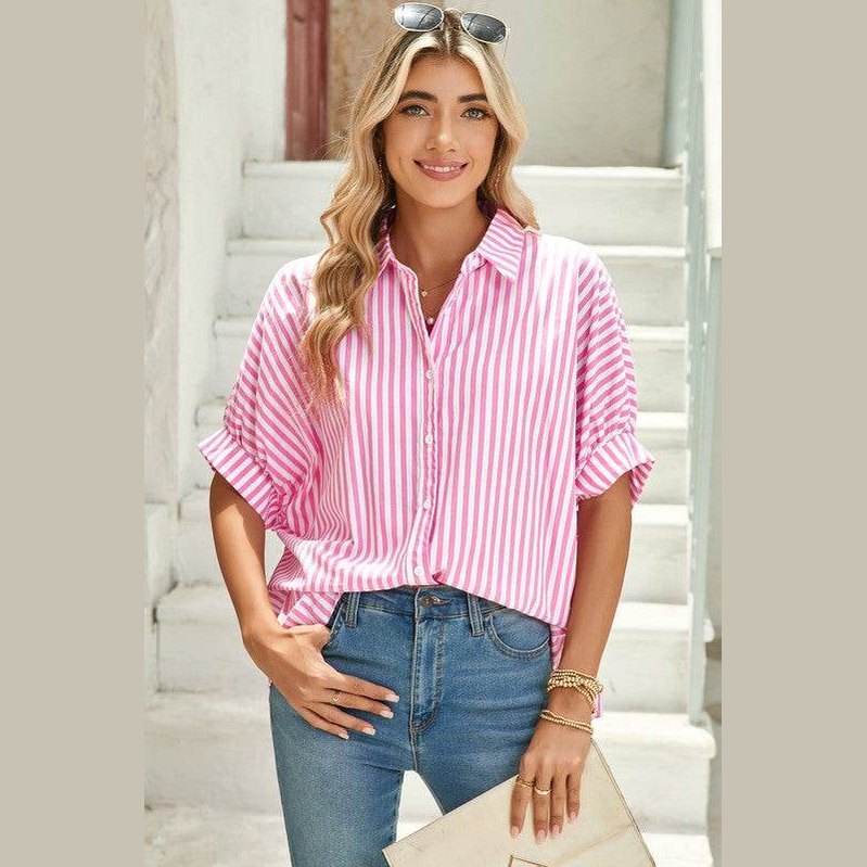 Stripe Button Up Dolman Shirt - VacationGrabs