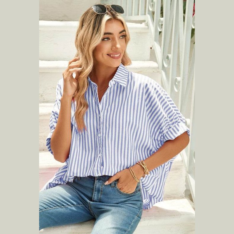 Stripe Button Up Dolman Shirt - VacationGrabs