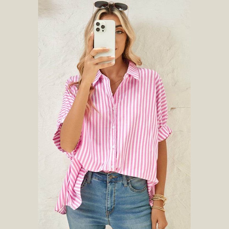 Stripe Button Up Dolman Shirt - VacationGrabs