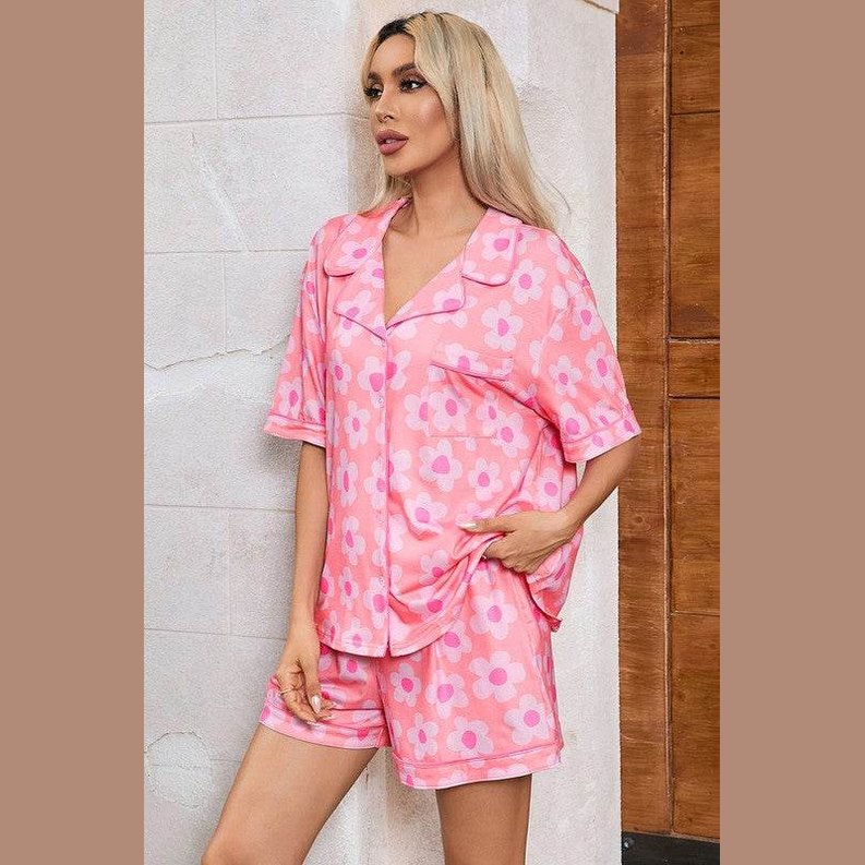 Women Flower Print Short Sleeve Shirt Pajamas Set - VacationGrabs