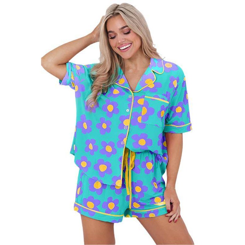 Women Flower Print Short Sleeve Shirt Pajamas Set - VacationGrabs