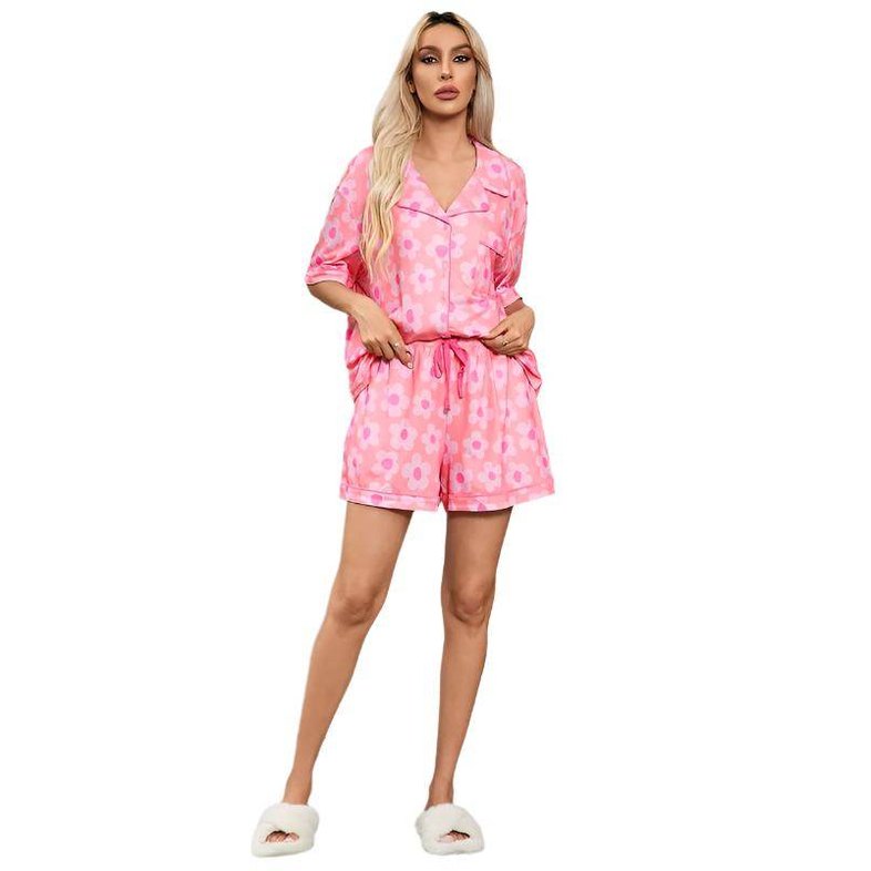 Women Flower Print Short Sleeve Shirt Pajamas Set - VacationGrabs