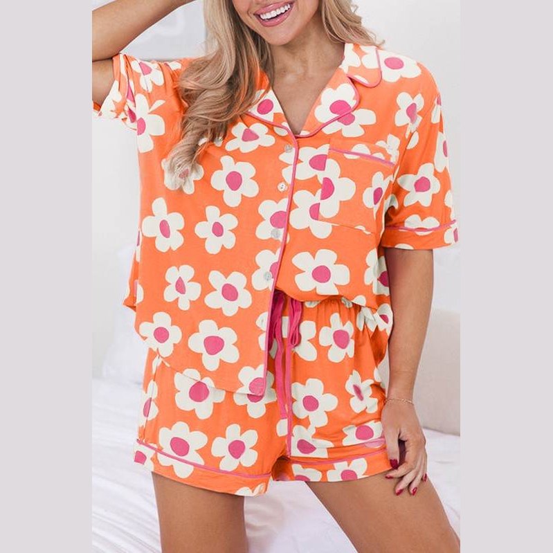 Women Flower Print Short Sleeve Shirt Pajamas Set - VacationGrabs
