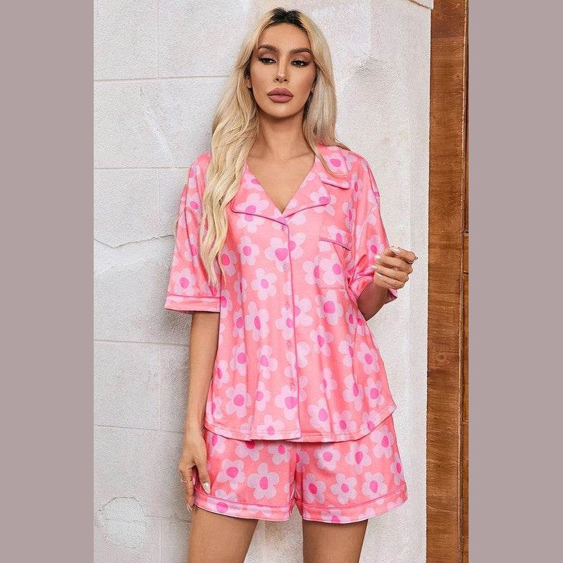 Women Flower Print Short Sleeve Shirt Pajamas Set - VacationGrabs