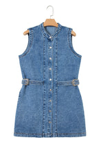 Western Denim Belted Button Down Sleeveless Dress