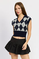 Women's SweatersWomen's Navy Argyle Cropped Vest - VacationGrabs