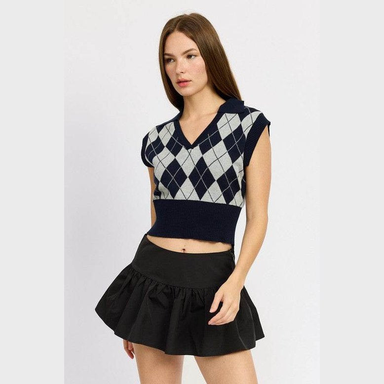 Women's Navy Argyle Cropped Vest - VacationGrabs