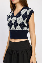 Women's SweatersWomen's Navy Argyle Cropped Vest - VacationGrabs