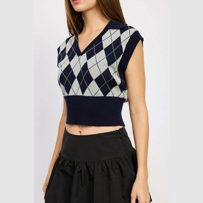 Women's Navy Argyle Cropped Vest - VacationGrabs