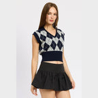 Women's Navy Argyle Cropped Vest - VacationGrabs