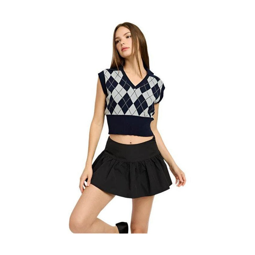 Women's Navy Argyle Cropped Vest - VacationGrabs