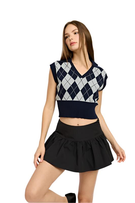 Women's SweatersWomen's Navy Argyle Cropped Vest - VacationGrabs