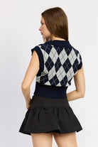 Women's SweatersWomen's Navy Argyle Cropped Vest - VacationGrabs