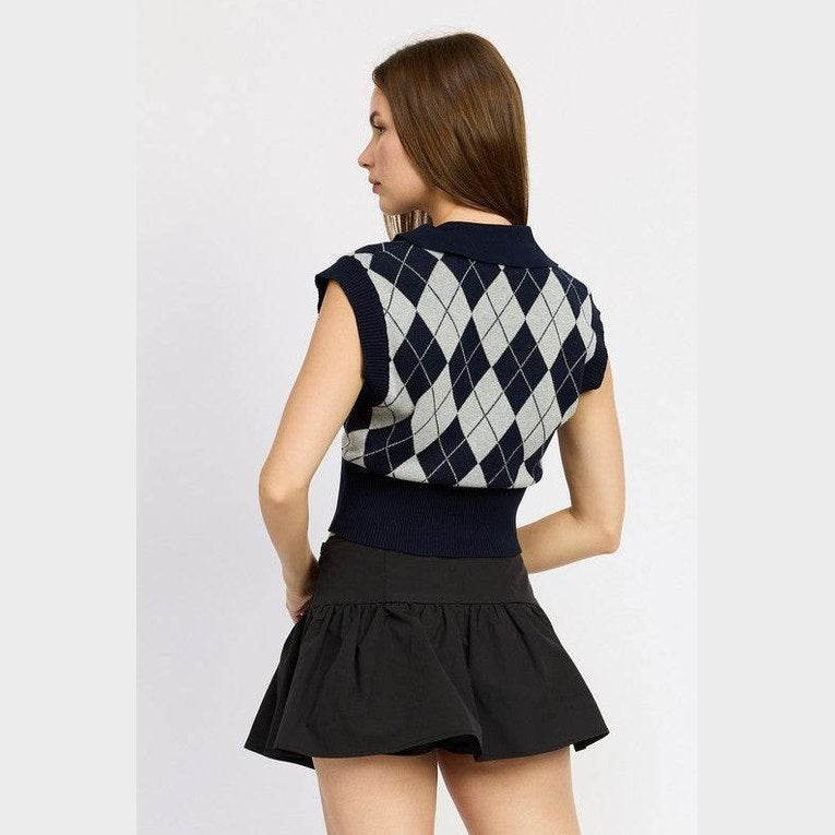Women's Navy Argyle Cropped Vest - VacationGrabs