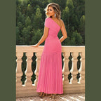 One-Shoulder Ruched Maxi Dresses - VacationGrabs