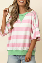 Stripe Exposed Seam Ribbed Patchwork Oversized Tee