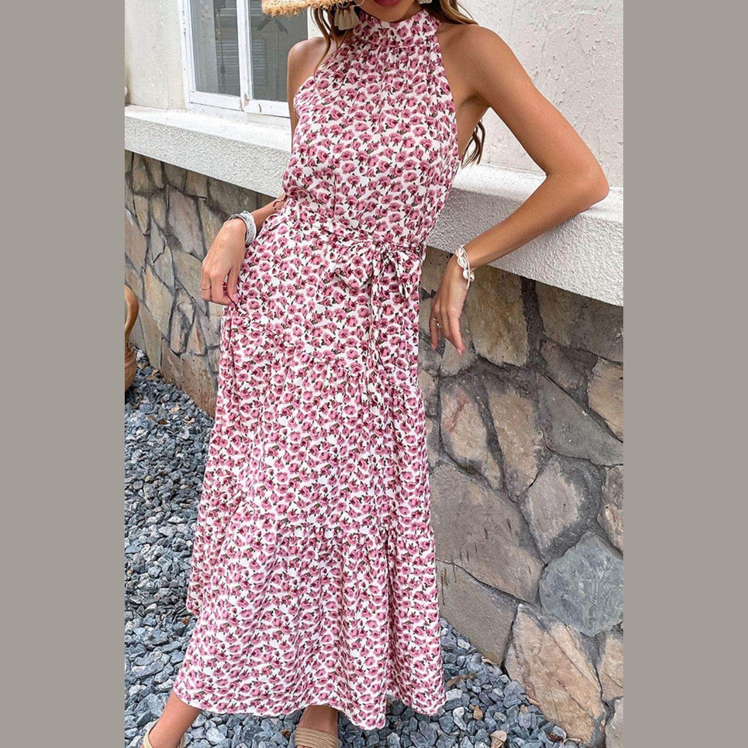 Floral Tie-Waist Tiered Dress - VacationGrabs