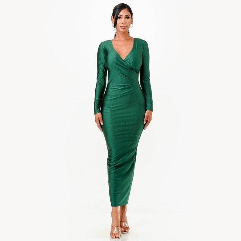 Long Sleeve Shiny Maxi Dress - VacationGrabs