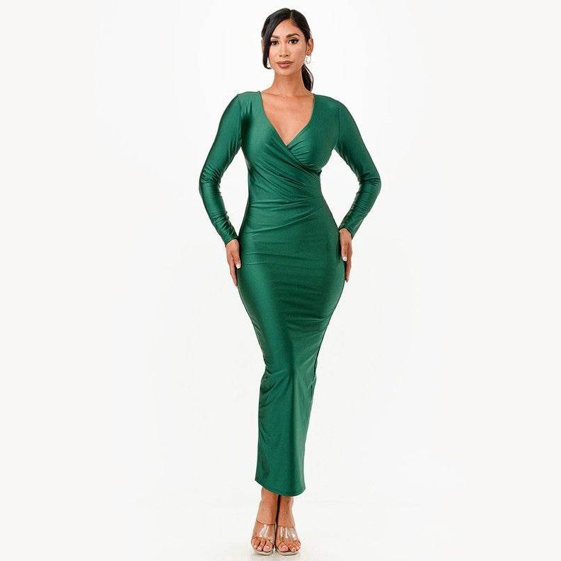 Long Sleeve Shiny Maxi Dress - VacationGrabs