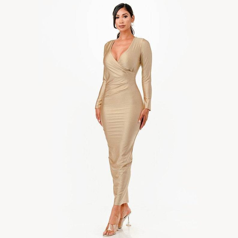 Long Sleeve Shiny Maxi Dress - VacationGrabs