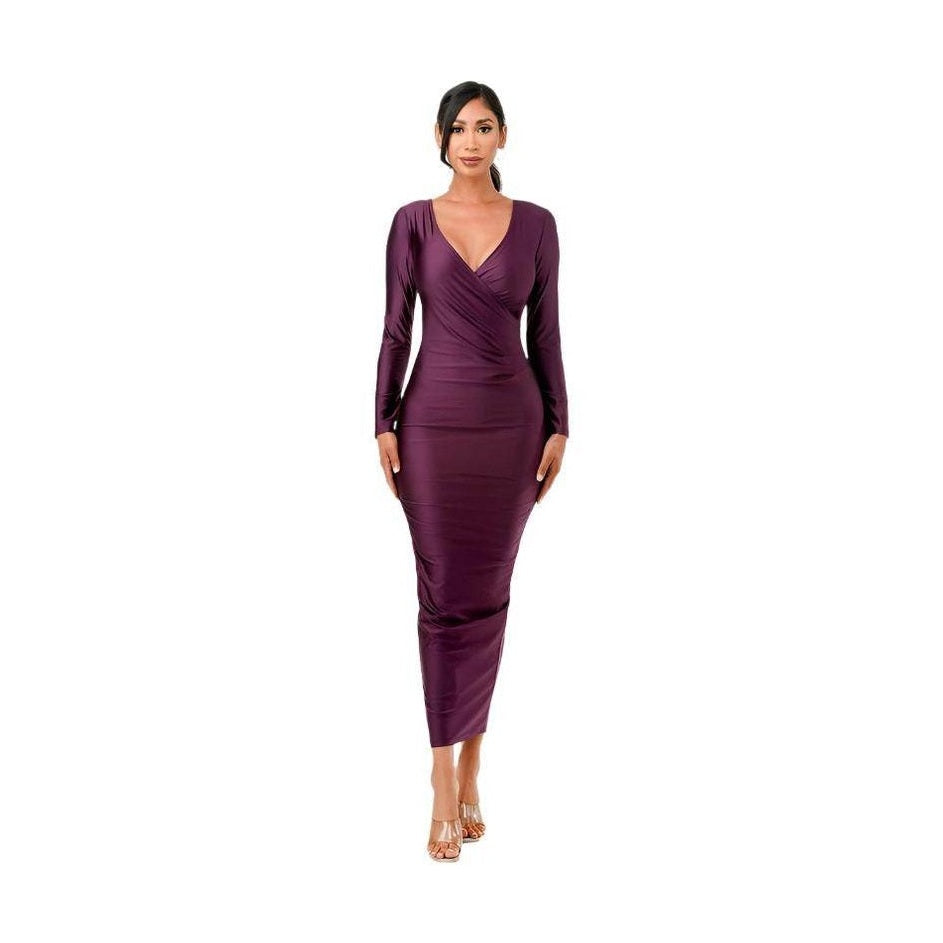 Long Sleeve Shiny Maxi Dress - VacationGrabs