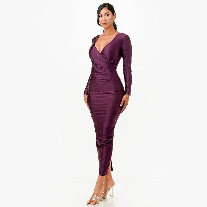 Long Sleeve Shiny Maxi Dress - VacationGrabs