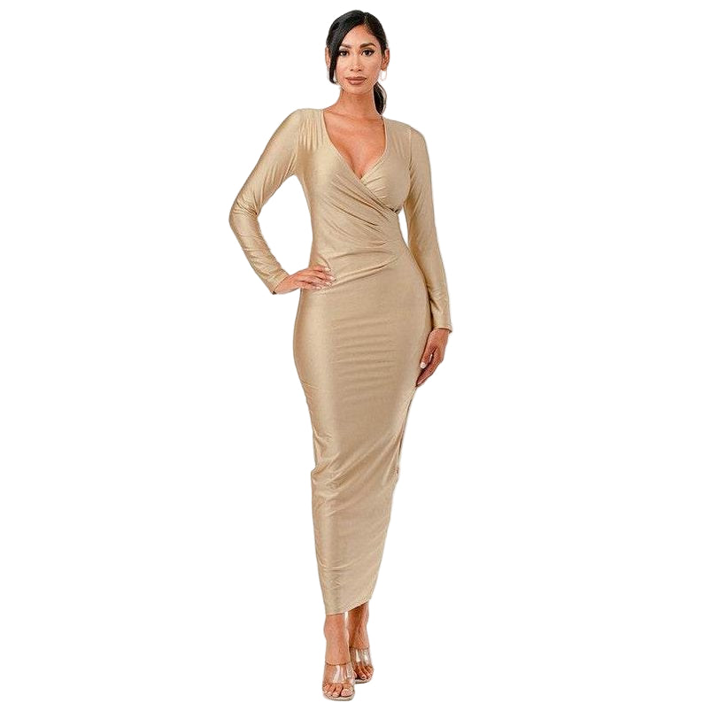Long Sleeve Shiny Maxi Dress - VacationGrabs