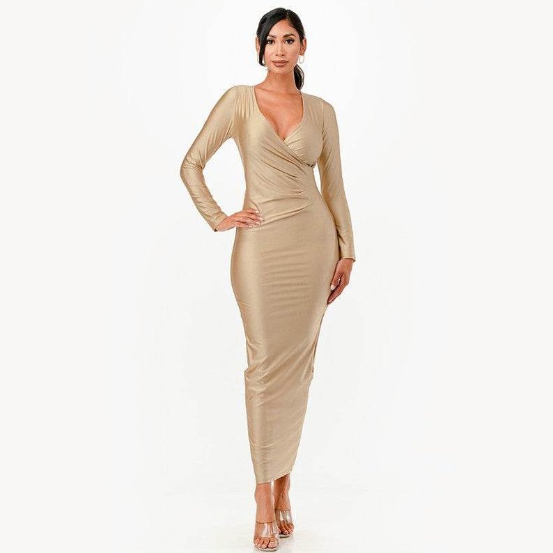 Long Sleeve Shiny Maxi Dress - VacationGrabs