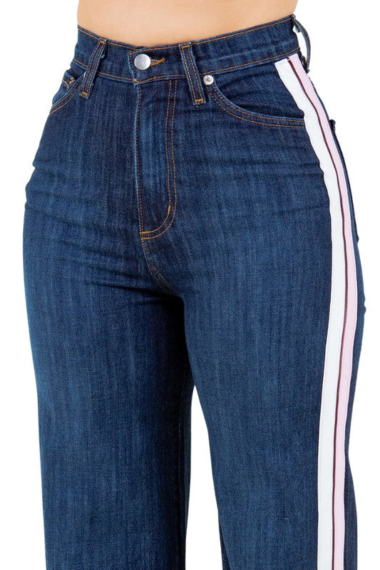 Women's JeansStriped Wide Leg Pant in Dark Denim - VacationGrabs