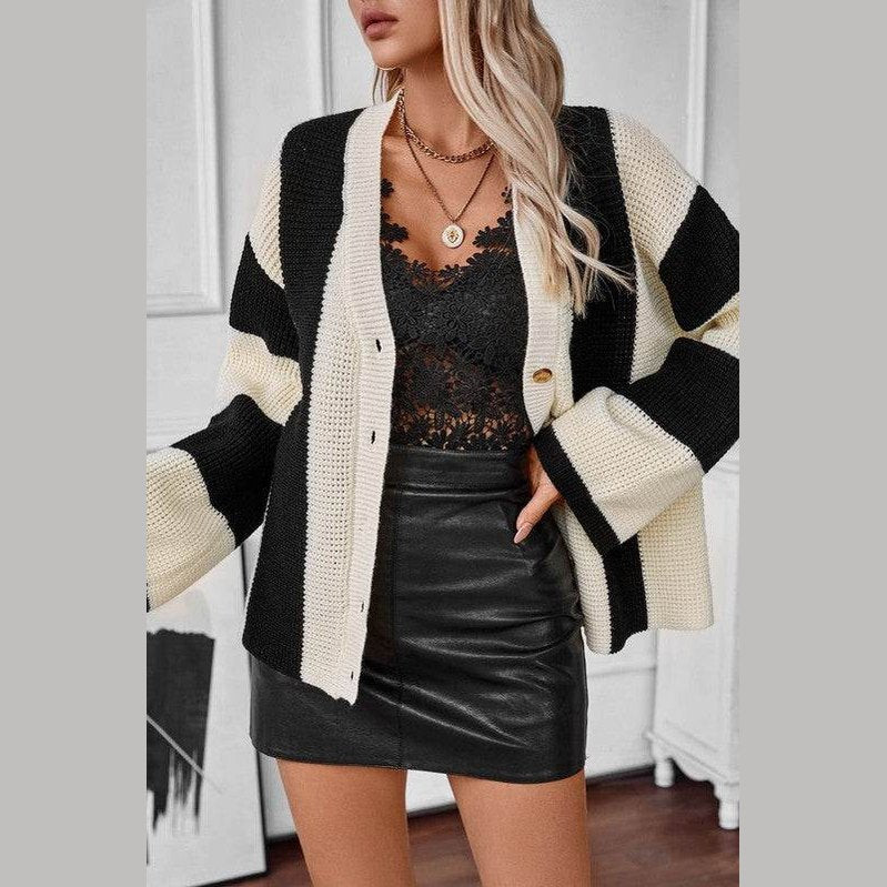 Color Block Striped Knit Cardigan - VacationGrabs