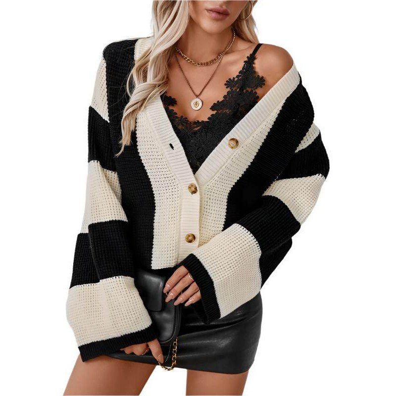 Color Block Striped Knit Cardigan - VacationGrabs