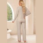 Women Ribbed Knit V Neck Slouchy Two-piece Outfit - VacationGrabs