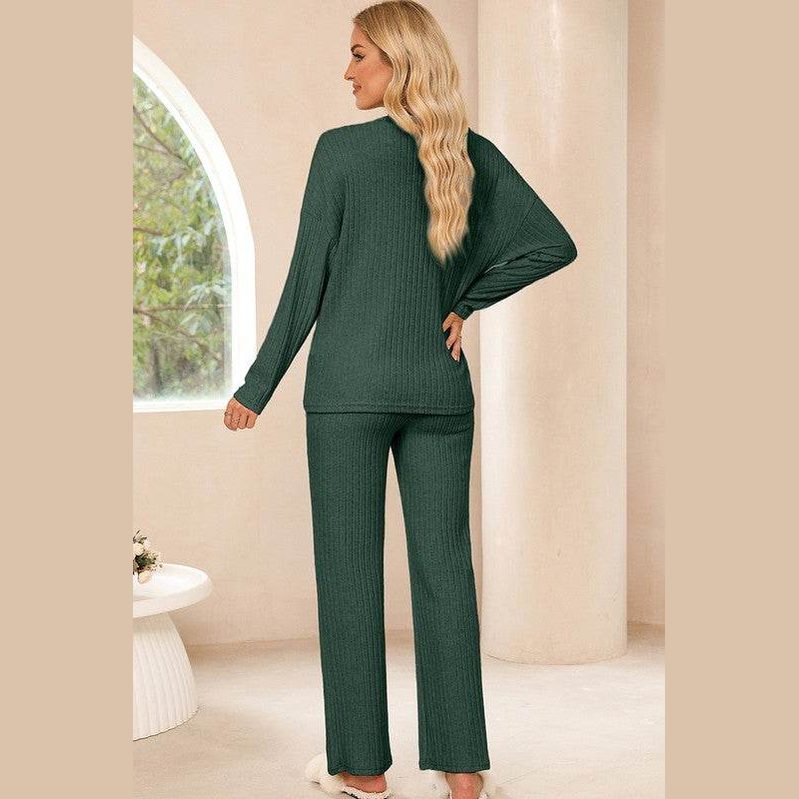 Women Ribbed Knit V Neck Slouchy Two-piece Outfit - VacationGrabs