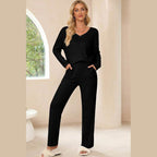 Women Ribbed Knit V Neck Slouchy Two-piece Outfit - VacationGrabs