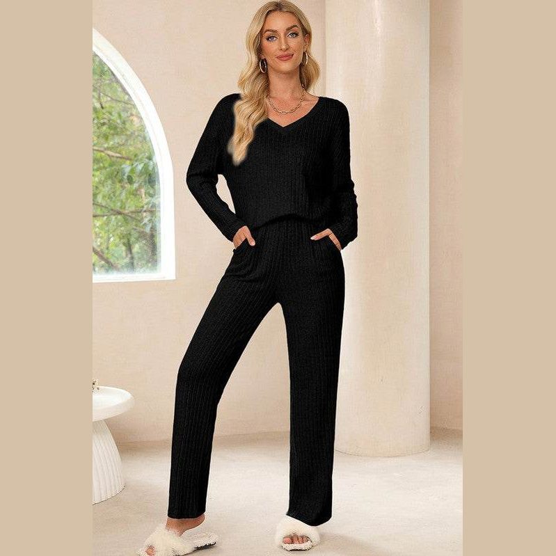 Women Ribbed Knit V Neck Slouchy Two-piece Outfit - VacationGrabs