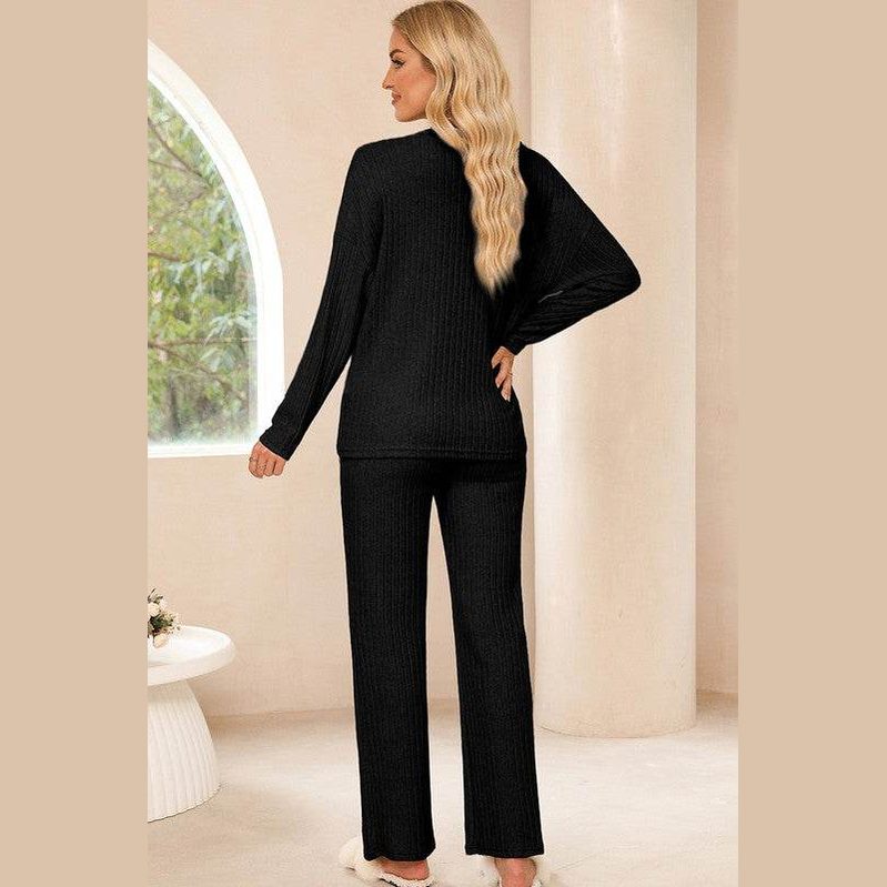 Women Ribbed Knit V Neck Slouchy Two-piece Outfit - VacationGrabs