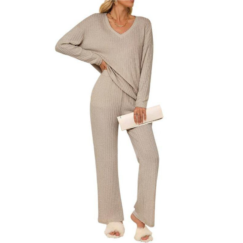 Women Ribbed Knit V Neck Slouchy Two-piece Outfit - VacationGrabs