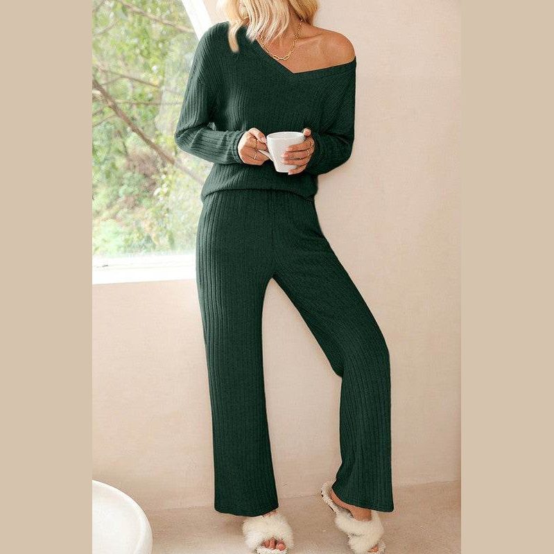 Women Ribbed Knit V Neck Slouchy Two-piece Outfit - VacationGrabs