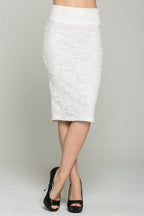 Lace, high waisted, knee length, pencil skirt with zipper back closure.