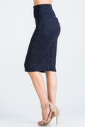 Lace, high waisted, knee length, pencil skirt with zipper back closure.