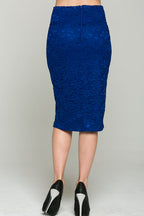 Lace, high waisted, knee length, pencil skirt with zipper back closure.