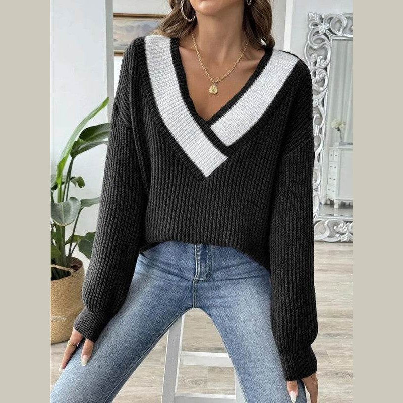 Women's V-neck Ribbed Sweater - VacationGrabs