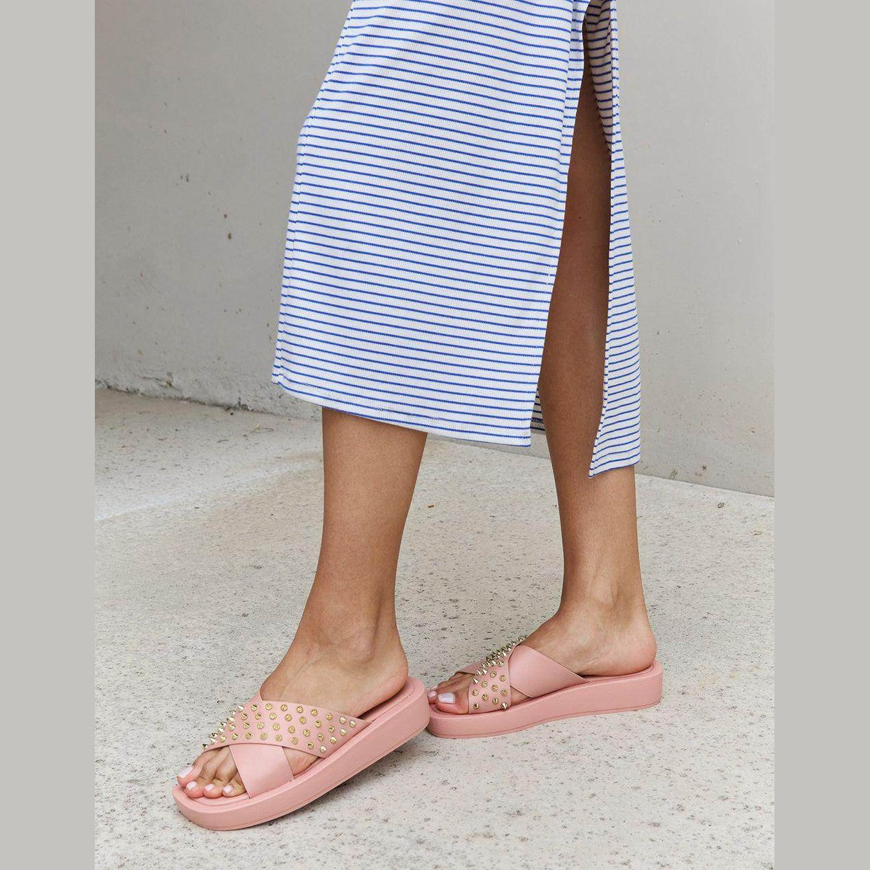Studded Cross Strap Sandals in Blush - VacationGrabs