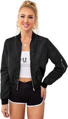 Women's Coats & JacketsWomens Black Bomber Jacket with Sleeve Zipper - VacationGrabs