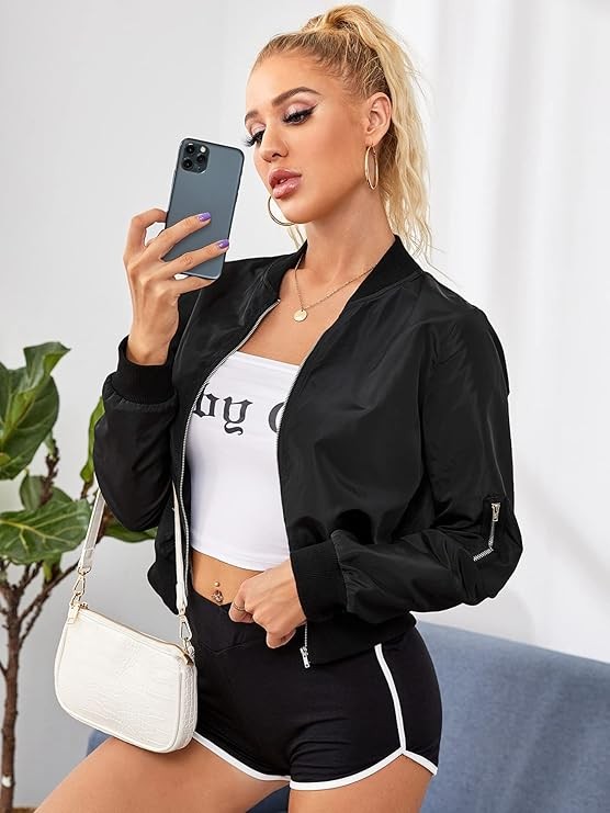 Women's Coats & JacketsWomens Black Bomber Jacket with Sleeve Zipper - VacationGrabs