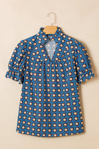 Floral Frilled V-Neck Pleated Puff Sleeve Blouse