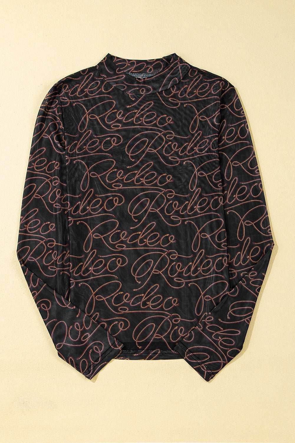 Black Western Rodeo Printed Mock Neck Long Sleeve Mesh Top - VacationGrabs