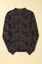 Black Western Rodeo Printed Mock Neck Long Sleeve Mesh Top - VacationGrabs